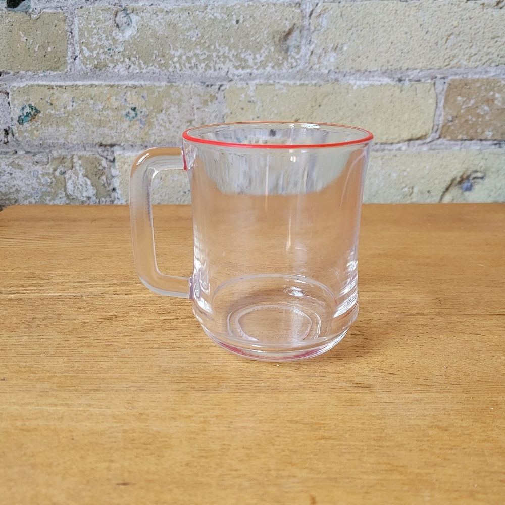 Duralex France Coffee Mug Clear Glass Red Trim, 10oz